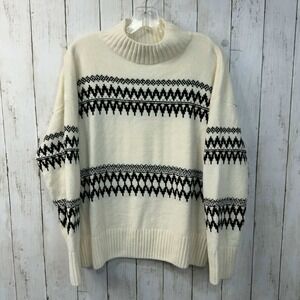 Christian Siriano NY Women's Ivory Black Fair Isle Mock Neck Sweater Size L